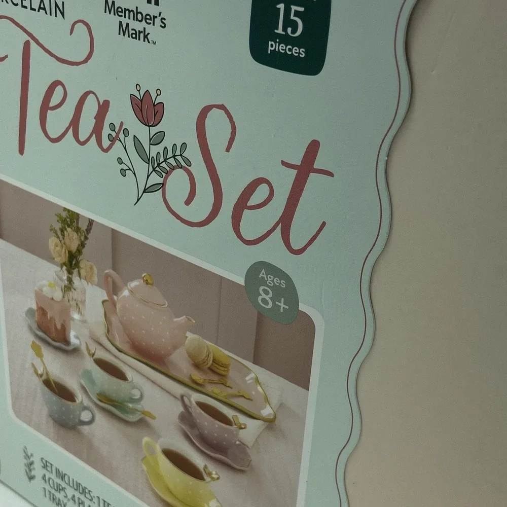 Member's Mark Porcelain Tea Set‎ 15 Pc Pastel Polka Dot Tea Party Pretend Play